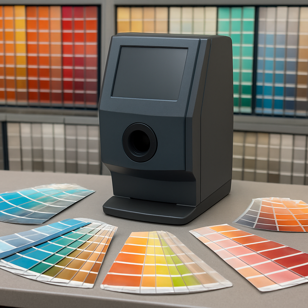 Colour matching machine and paint swatch fan decks in store