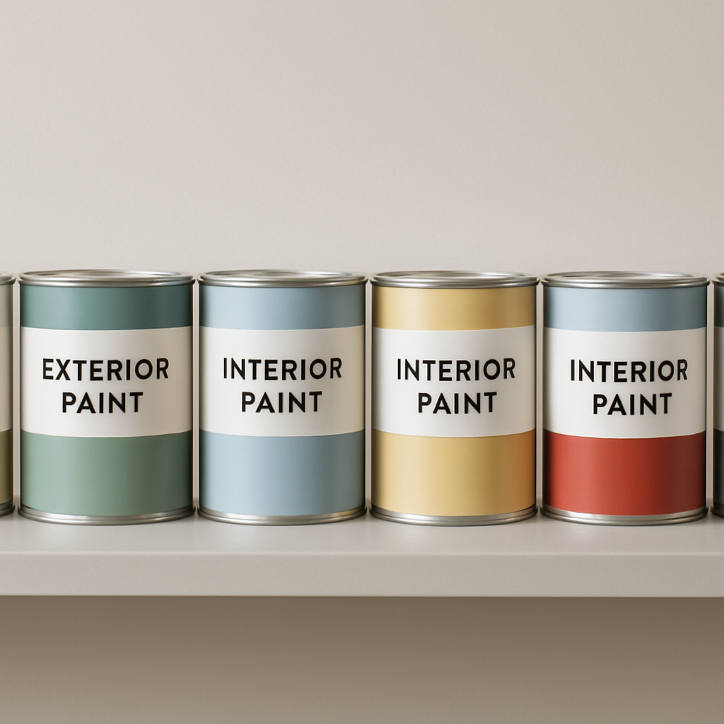 Cans of interior and exterior house paint in various colours