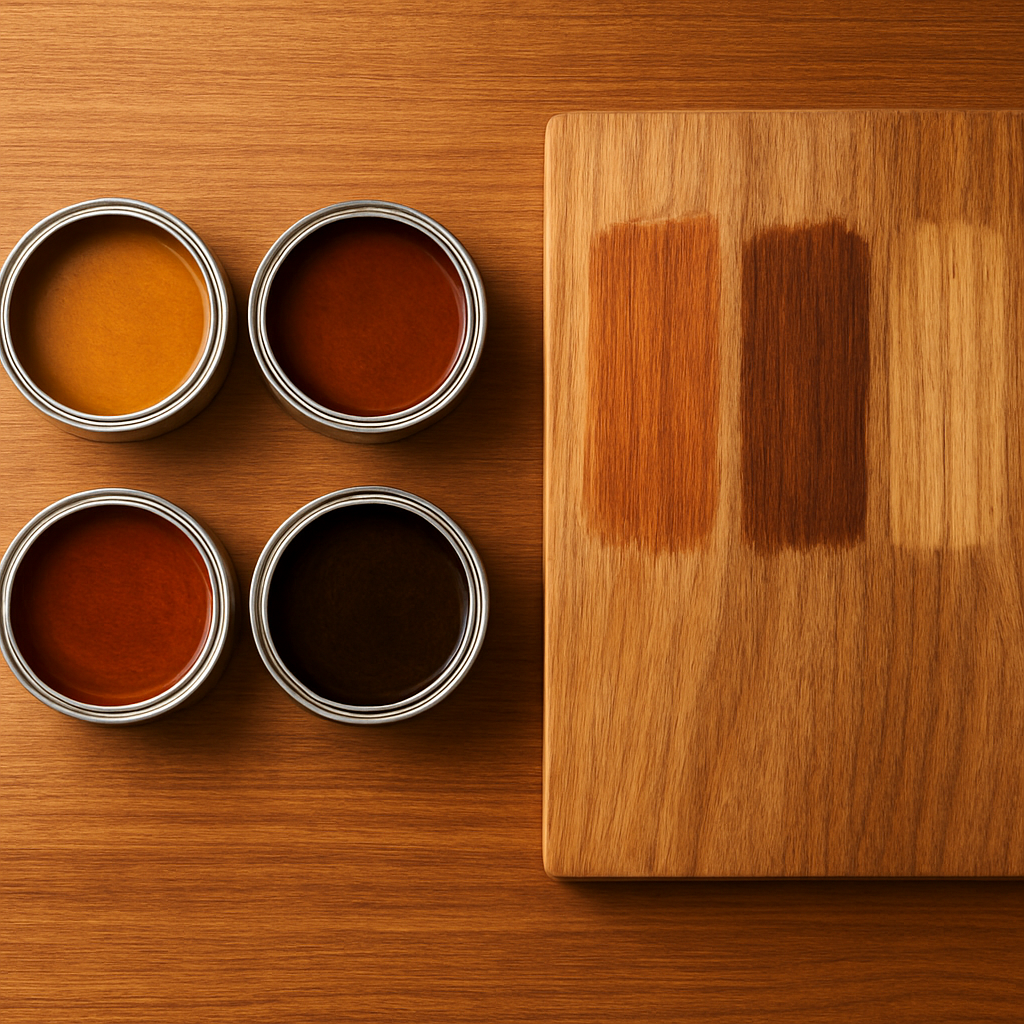 Timber stain and oil finish tins beside stained wood samples