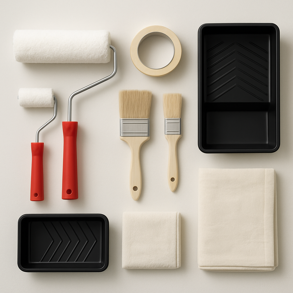 Painting tools and accessories including brushes, rollers and trays